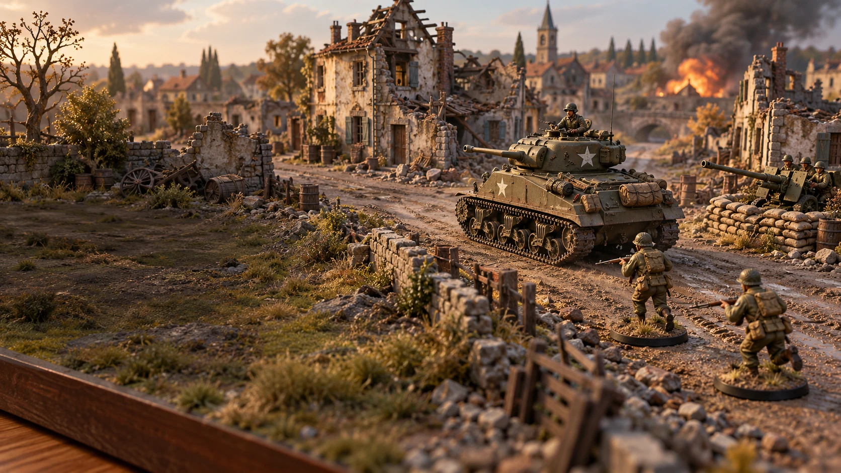 Painted WWII miniature tank and soldiers fighting across a handcrafted village diorama